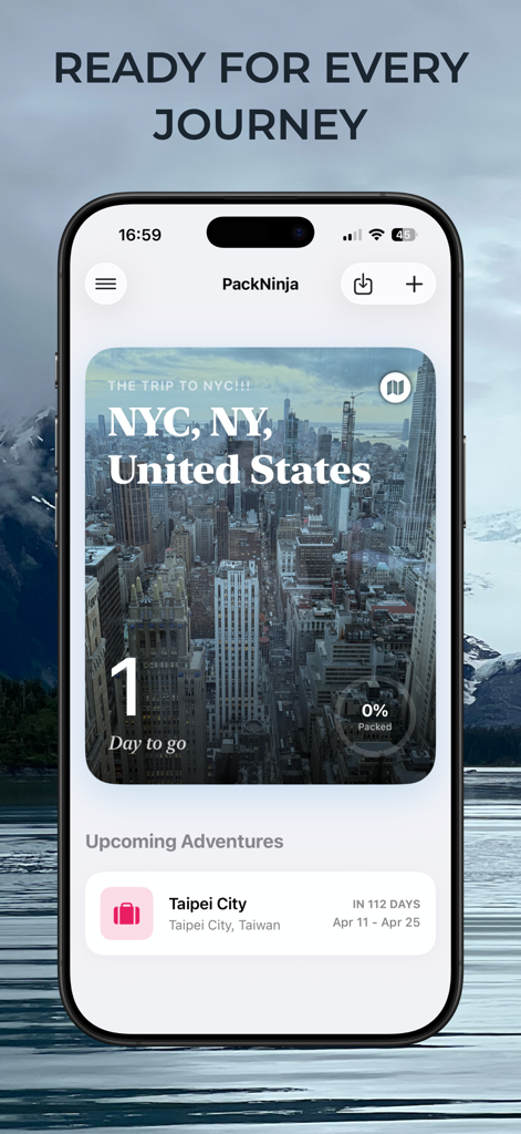 PackNinja: Travel Packing List - PackNinja app interface showing a travel countdown for a trip to New York City and upcoming adventures list