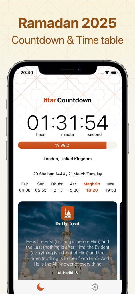 Iftar: Countdown Ramadan Table - Iftar Countdown app interface showing Ramadan countdown timer and prayer times.