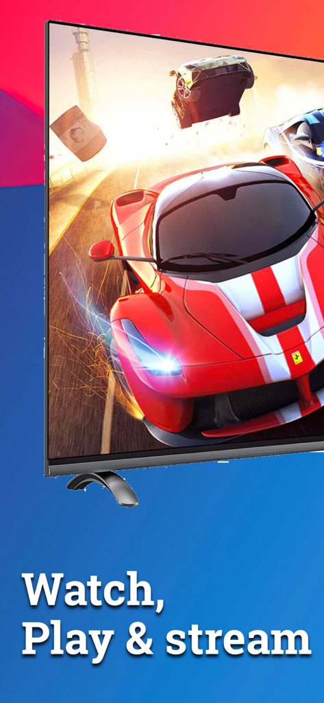 TV Cast for Smart TV - Smart TV mostrando un juego de carreras de coches con el texto Watch Play and stream