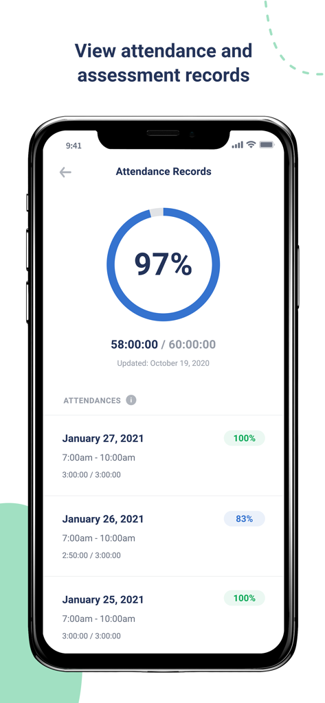 CourseKey Student - CourseKey Studentアプリのインターフェース。97％の出席記録と詳細な日次ログ、円形の進捗グラフが表示されています。