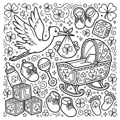 Welcome a new bundle of joy with our delightful Shamrock Baby Shower coloring page, a charming blend of Irish luck and new beginnings. This intricate design features adorable baby items adorned with clovers, perfect for celebrating in a unique way.