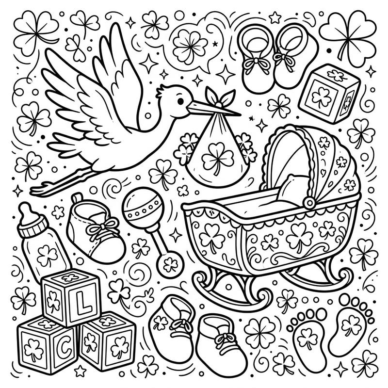 Welcome a new bundle of joy with our delightful Shamrock Baby Shower coloring page, a charming blend of Irish luck and new beginnings. This intricate design features adorable baby items adorned with clovers, perfect for celebrating in a unique way.