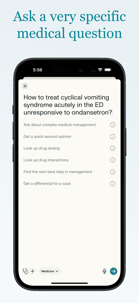Dr. Oracle AI Medical Assistant app screen showing a specific medical query and clinical management options.