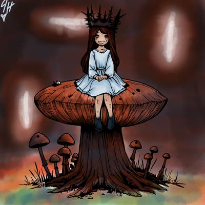 realistic girl sitting on a huge tree stump size toadstool with thorn crown