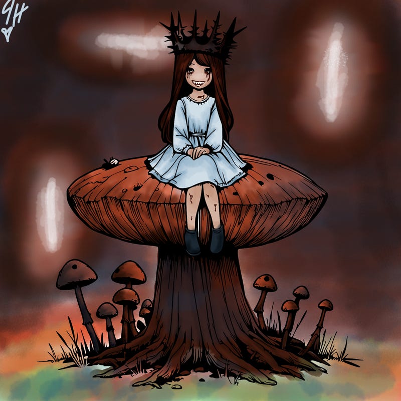 realistic girl sitting on a huge tree stump size toadstool with thorn crown