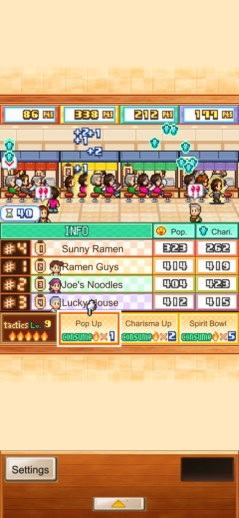 The Ramen Sensei - Tela de gestão em pixel art do The Ramen Sensei mostrando as classificações da competição de lojas de ramen e o menu de táticas