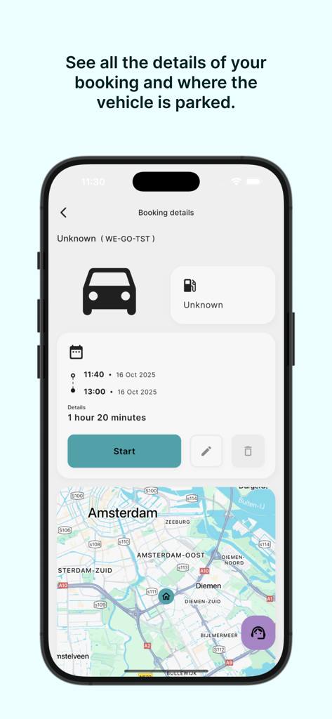 WeGo Carsharing - WeGo Carsharing app interface showing booking details and vehicle location on a map