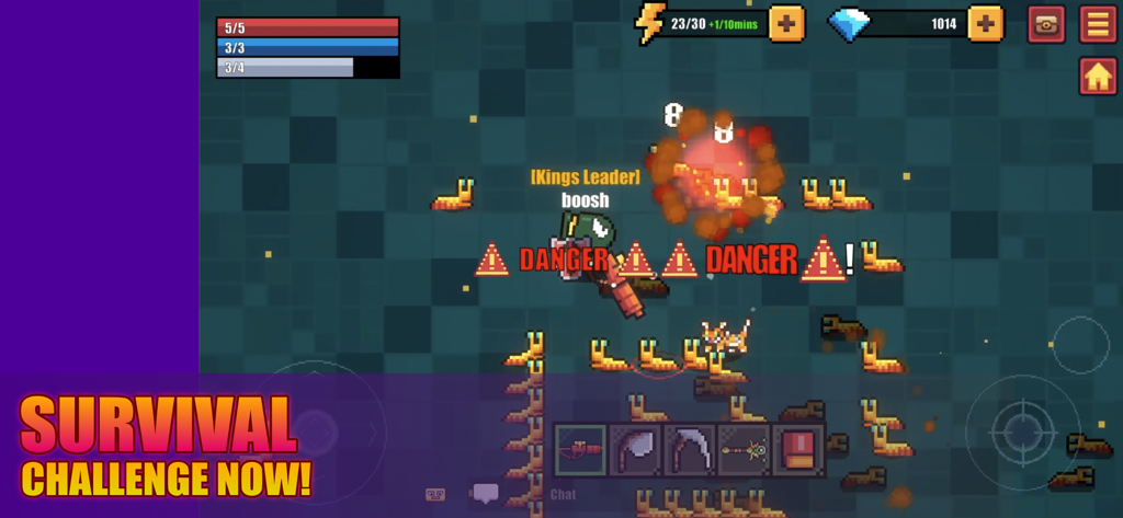 Un personaggio pixel art in Shooting Survival combatte uno sciame di nemici con una sovrapposizione di avviso di pericolo.