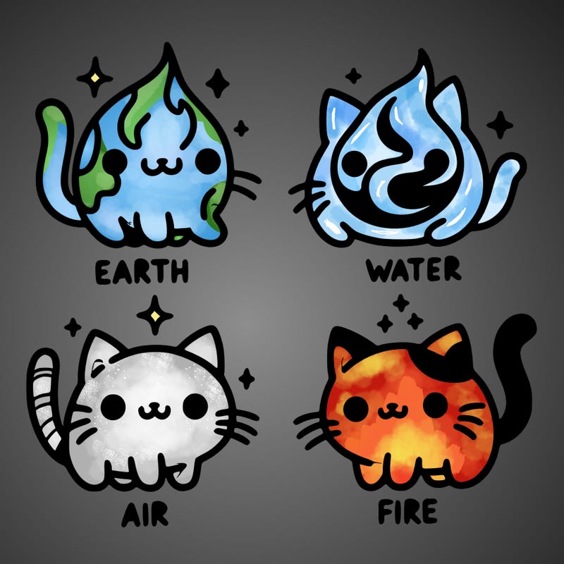 4 cats that represent the different elements, earth, water, air, and fire
