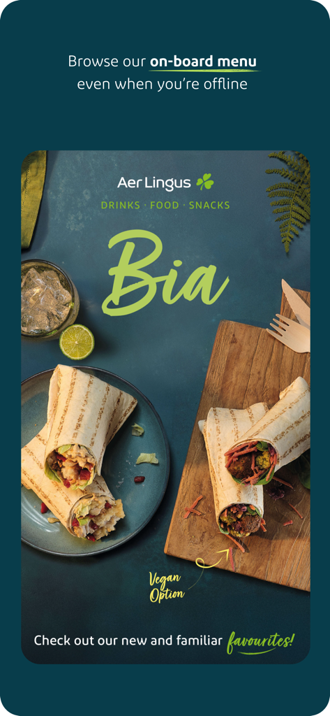 Aer Lingus app screen showcasing the Bia on-board menu with food wraps and a vegan option available for offline browsing