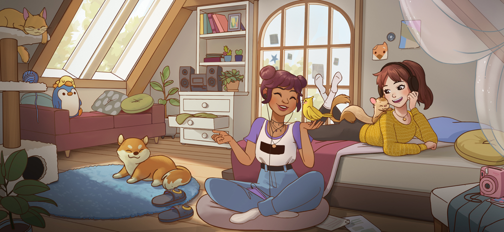 Comfy Girl - Cute & Aesthetic - Two girls relaxing with their pets in a cozy and aesthetic lofi room