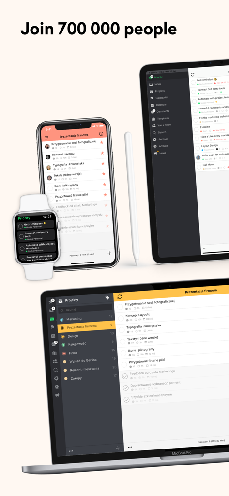 Nozbe Classic - Nozbe Classic task management app shown across Apple Watch, iPhone, iPad and MacBook devices.