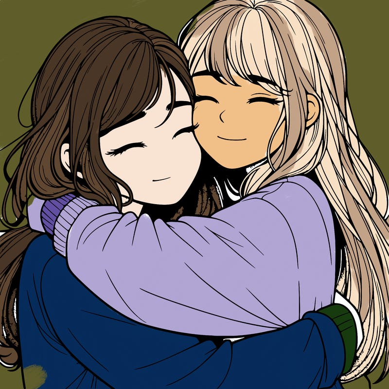 realistic two girls hugging