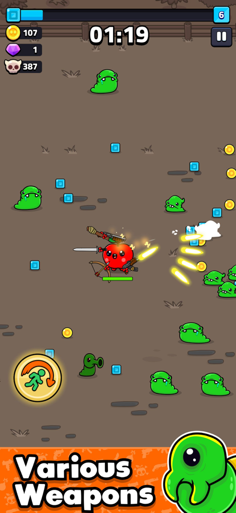 Apple Grapple: Survivor - Personnage de pomme guerrière utilisant diverses armes pour vaincre des vers verts dans le gameplay d'Apple Grapple Survivor.