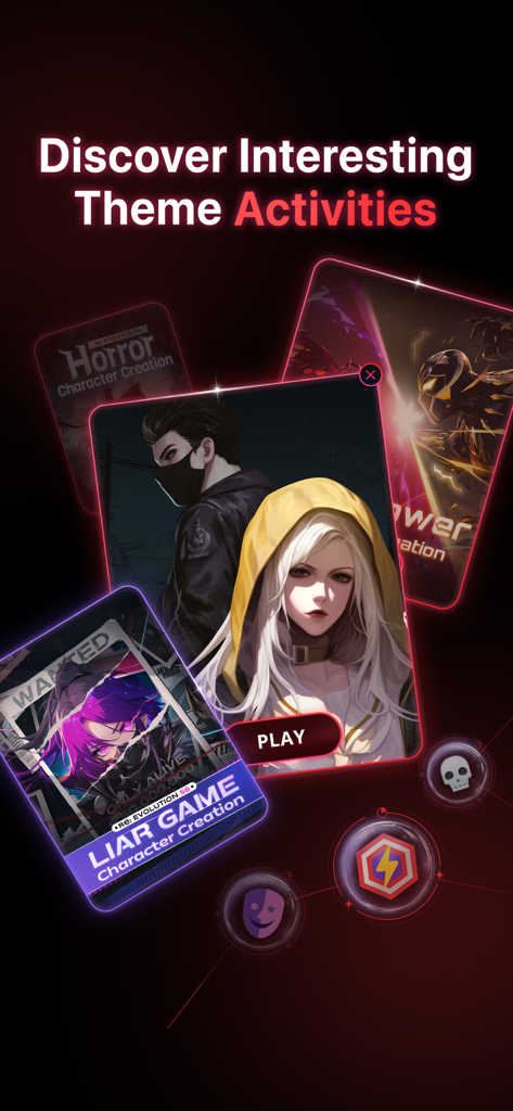 Mobile screen of PolyBuzz app showing themed roleplay activities and character creation cards for Horror and Liar Game themes.