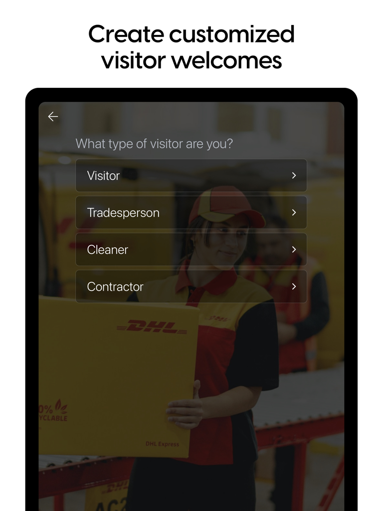iPad screen of the SwipedOn app showing a customizable visitor sign-in menu with categories for visitor, tradesperson, cleaner, and contractor.