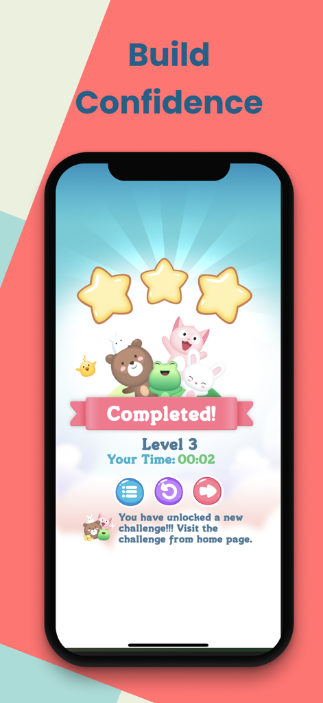 Kidoku app screen showing a level completed message with three stars and cute animal characters