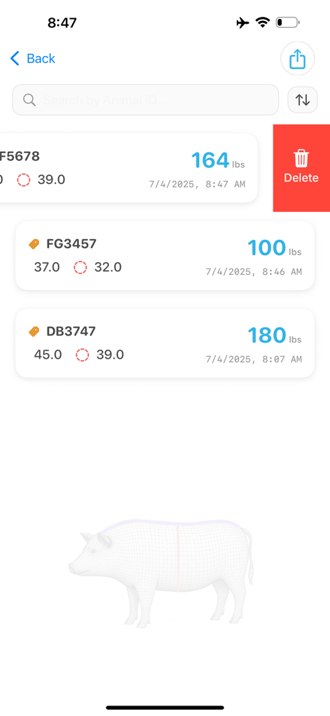 Pig Weight Pro app screen showing a list of recorded pig weights with identification tags and measurement data