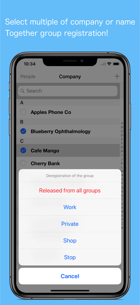 TEL++ PRO App-Bildschirm, der eine Liste von Unternehmen mit einem Menü zur Massenregistrierung von Gruppen wie Arbeit oder Privat zeigt