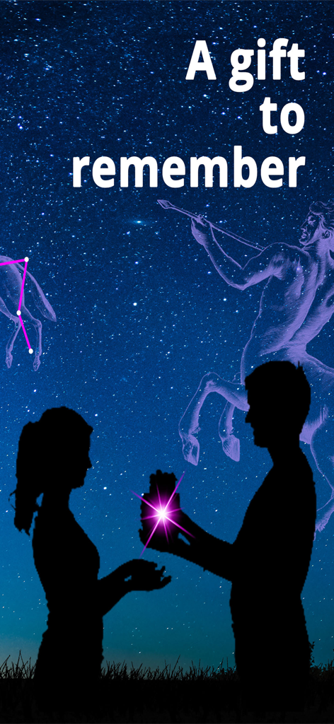 Silhouette of a couple sharing a glowing star gift under a starry night sky with constellations