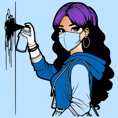 realistic girl with mask spray painting a wall