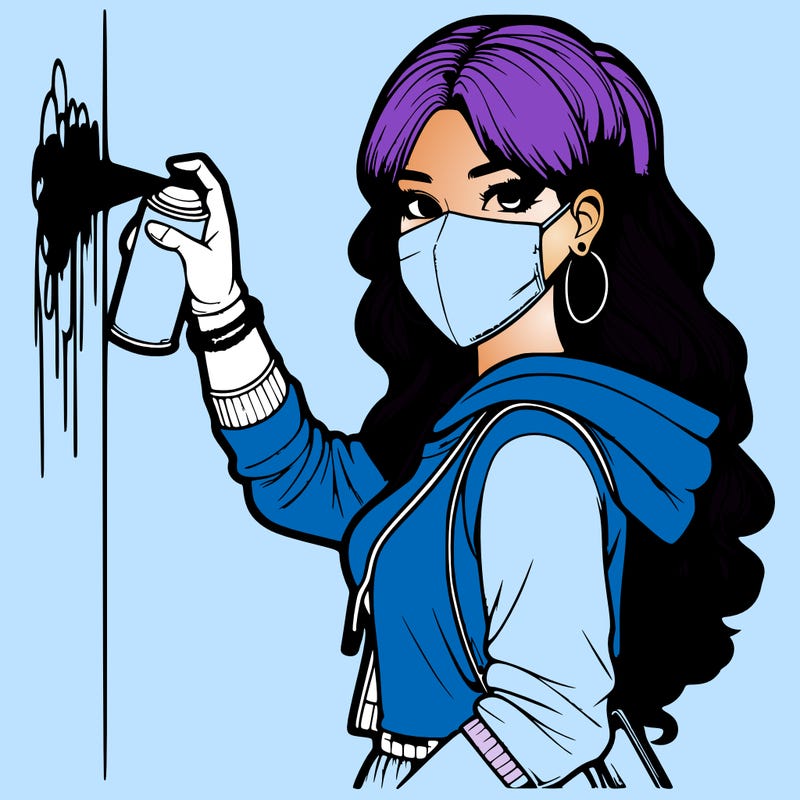 realistic girl with mask spray painting a wall