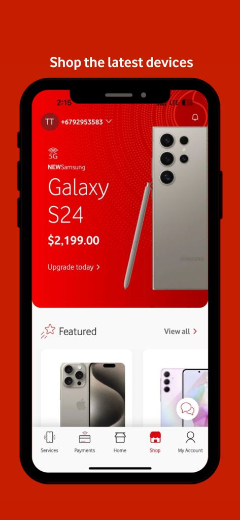 My Vodafone Fiji - My Vodafone Fiji app shop interface showing the latest Samsung Galaxy and iPhone devices for purchase.