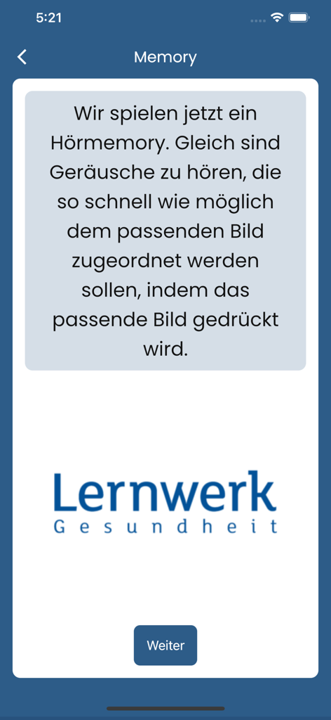 Lernwerk - A screen from the Lernwerk app introducing a hearing memory exercise with instructions on how to match sounds to images.