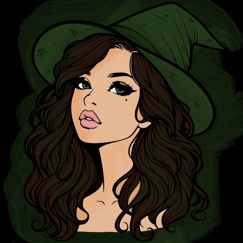 realistic witch girl with wavy hair and lips