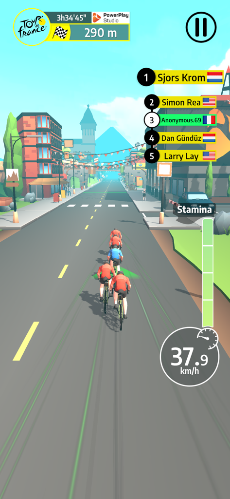 Tour de France Cycling Legends - 리더보드와 속도계가 표시된 상태로 결승선을 향해 질주하는 사이클리스트 무리의 게임 내 모습