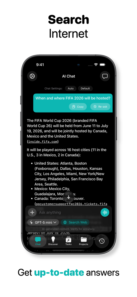 AI ChatBot Assistant ChatUltra - Una captura de pantalla de la aplicación ChatUltra AI que muestra su capacidad de búsqueda en Internet en tiempo real con respuestas detalladas sobre las ciudades anfitrionas de la FIFA 2026