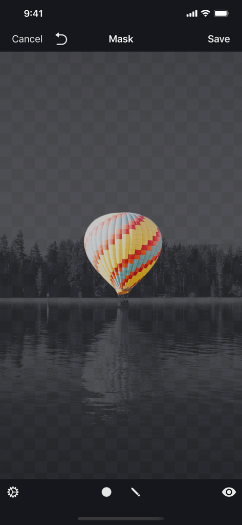 Image Blender - A photo of a hot air balloon over a lake being edited with the masking tool in the Image Blender app.