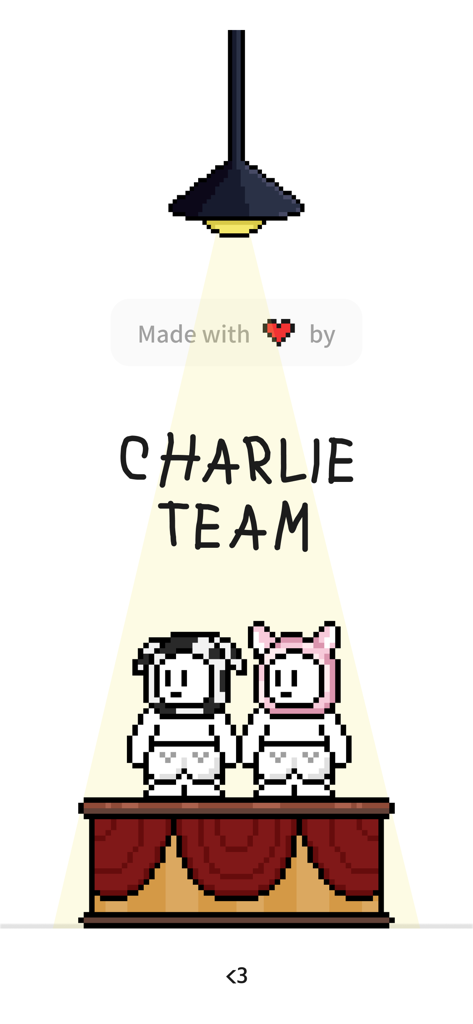 Pixel art characters on a stage under a spotlight with the text Charlie Team