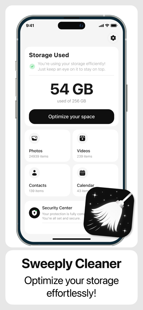 Painel do aplicativo Sweeply em um iPhone exibindo o uso de armazenamento e ferramentas de otimização para fotos, vídeos e contatos