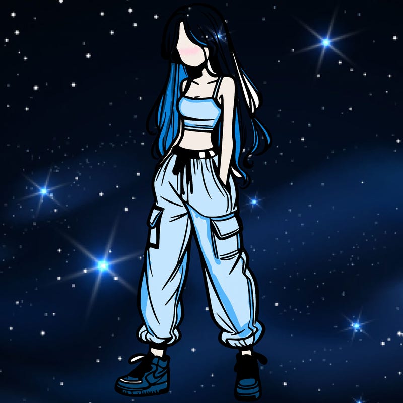 girl in baggy pants crop top and long hair