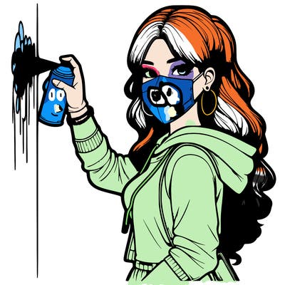 realistic girl with mask spray painting a wall