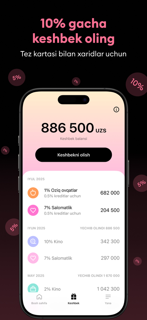 Tez banking app interface displaying cashback balance and percentage rewards for different spending categories