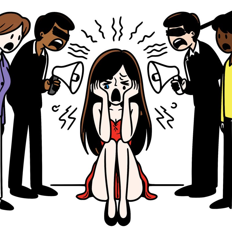 a feminine person alone screaming and people around them not listening