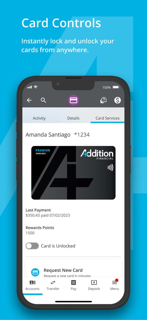 Tela de controle de cartão do aplicativo Addition Financial com um botão para bloquear ou desbloquear um cartão de crédito.