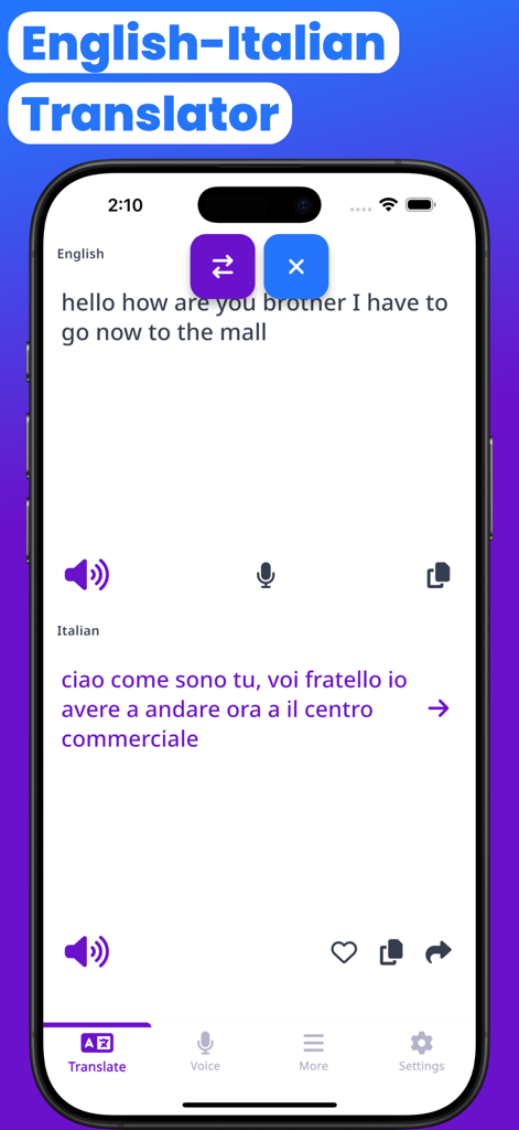 Italian-English Translate - イタリア語への英語のテキスト翻訳と音声再生機能を示すモバイルアプリインターフェイス