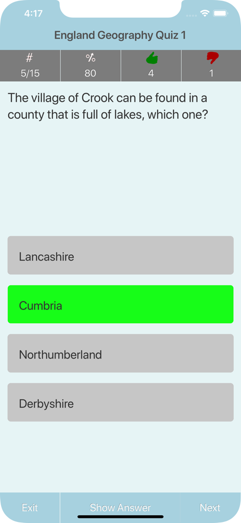 England Geography Quiz - Schermata dell'app Quiz di Geografia dell'Inghilterra che mostra una domanda sui laghi e sulla contea della Cumbria con un'interfaccia utente pulita.