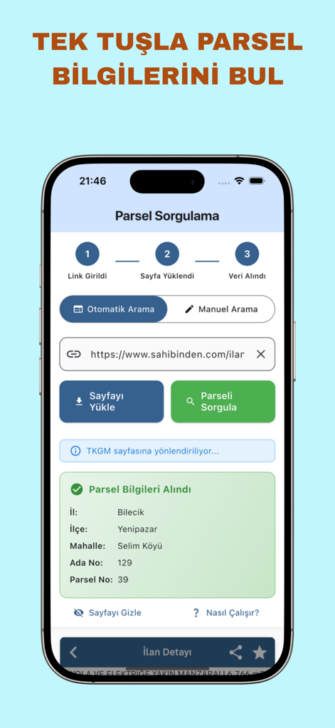 Interface of the Parsel Sorgu app showing detailed land registry data for a plot in Turkey.