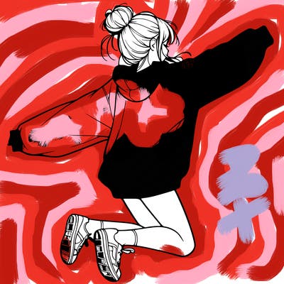 realistic girl jumping with a bun and oversized sweatshirt