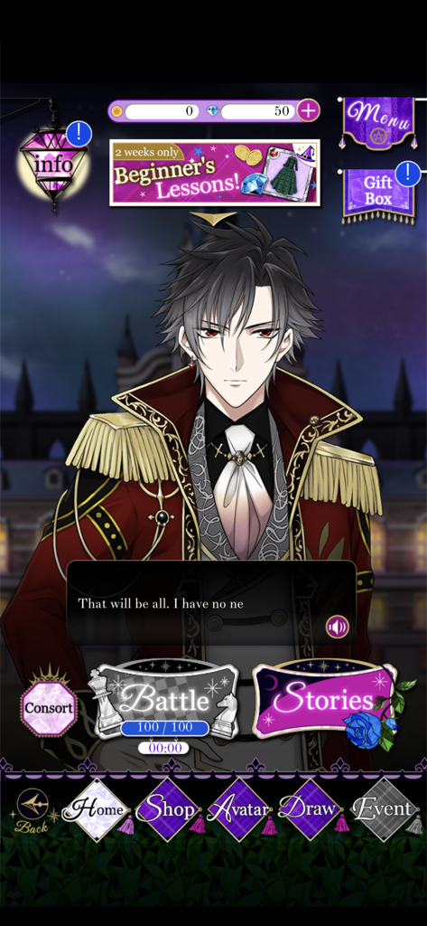 Pantalla de jugabilidad de Court of Darkness que muestra un apuesto príncipe estilo anime y botones interactivos de la historia.