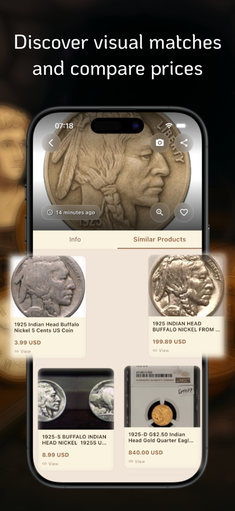 Antique Identifier : RelicAI - RelicAI app interface showing visual matches and price comparisons for a 1925 Indian Head Buffalo Nickel coin.