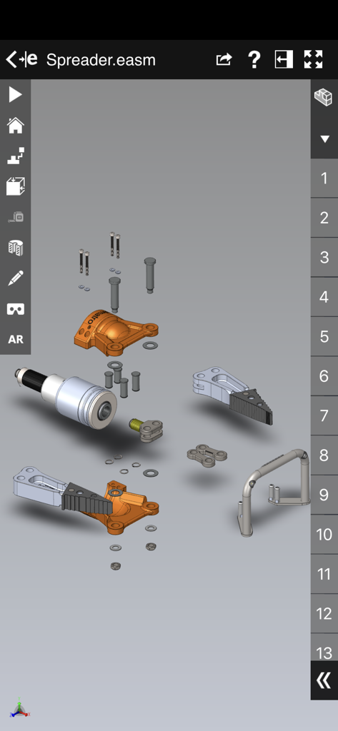 eDrawings - Exploded view of a 3D mechanical assembly in the eDrawings CAD viewer app.