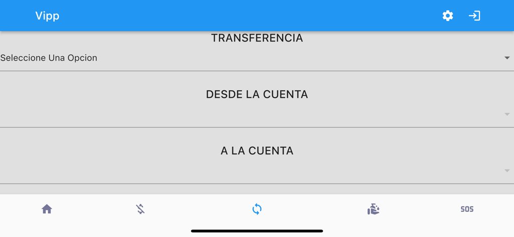 Vipp App - Interfaz de usuario de la aplicación Vipp para seleccionar cuentas y realizar transferencias de dinero