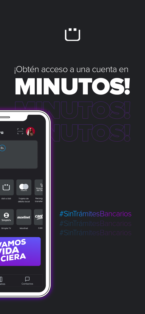 Ub app - Pantalla promocional de la app Ub que muestra la apertura de cuenta digital rápida en minutos para la diáspora venezolana.