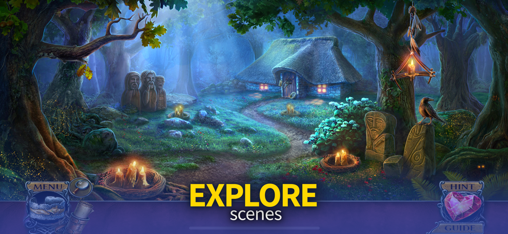 Una radura mistica nella foresta di notte con un cottage dal tetto di paglia e antiche statue di pietra.