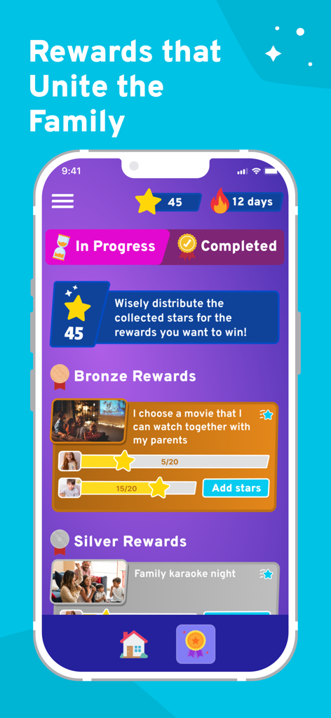 MyTurn: Kids Chore & Reward - MyTurn app screen displaying reward tiers like family movie night and karaoke for completing chores.